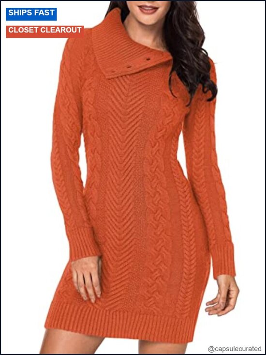 Dresses & Skirts - Women's Turtleneck Cable Knit Sweater Dress Slim Fit Long Sleeve